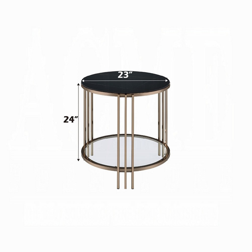 Abio Side End Table, 23 Inch, Round Sintered Stone Top, Black and Gold -BM333069