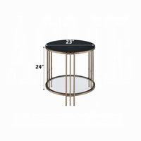 Abio Side End Table, 23 Inch, Round Sintered Stone Top, Black and Gold -BM333069