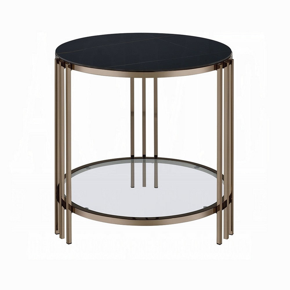 Abio Side End Table, 23 Inch, Round Sintered Stone Top, Black and Gold -BM333069