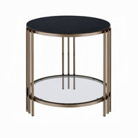 Abio Side End Table, 23 Inch, Round Sintered Stone Top, Black and Gold -BM333069