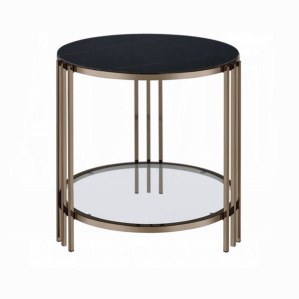 Abio Side End Table, 23 Inch, Round Sintered Stone Top, Black and Gold -BM333069