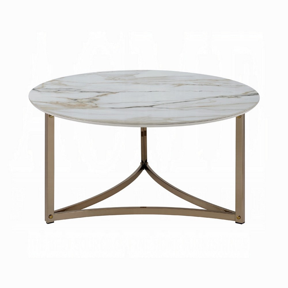 Acor Coffee Table, 35 Inch, Round Sintered Stone Top, White and Gold -BM333070