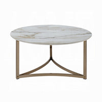 Acor Coffee Table, 35 Inch, Round Sintered Stone Top, White and Gold -BM333070