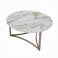 Acor Coffee Table, 35 Inch, Round Sintered Stone Top, White and Gold -BM333070