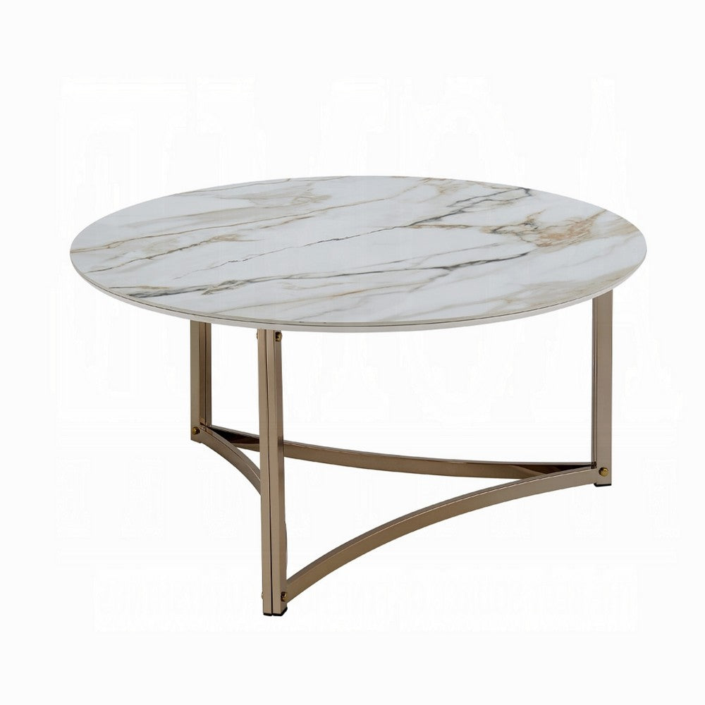 Acor Coffee Table, 35 Inch, Round Sintered Stone Top, White and Gold -BM333070