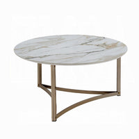 Acor Coffee Table, 35 Inch, Round Sintered Stone Top, White and Gold -BM333070