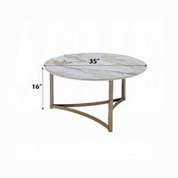 Acor Coffee Table, 35 Inch, Round Sintered Stone Top, White and Gold -BM333070