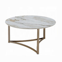 Acor Coffee Table, 35 Inch, Round Sintered Stone Top, White and Gold -BM333070