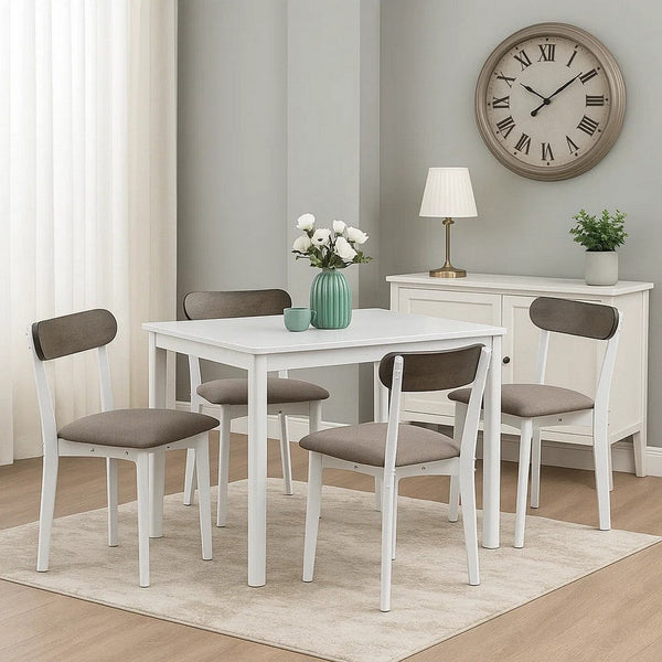 Ideli 5 Piece Dining Table Set with 4 Chairs, Brown Linen, White Wood -BM333084