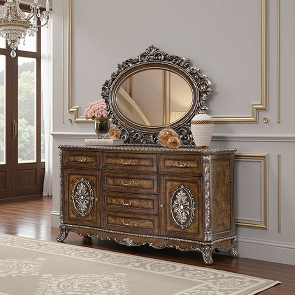 Vany Dresser Mirror, Intricate Brushed Champagne and Cherry Wood 43x53 -BM333092