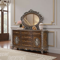 Vany Dresser Mirror, Intricate Brushed Champagne and Cherry Wood 43x53 -BM333092