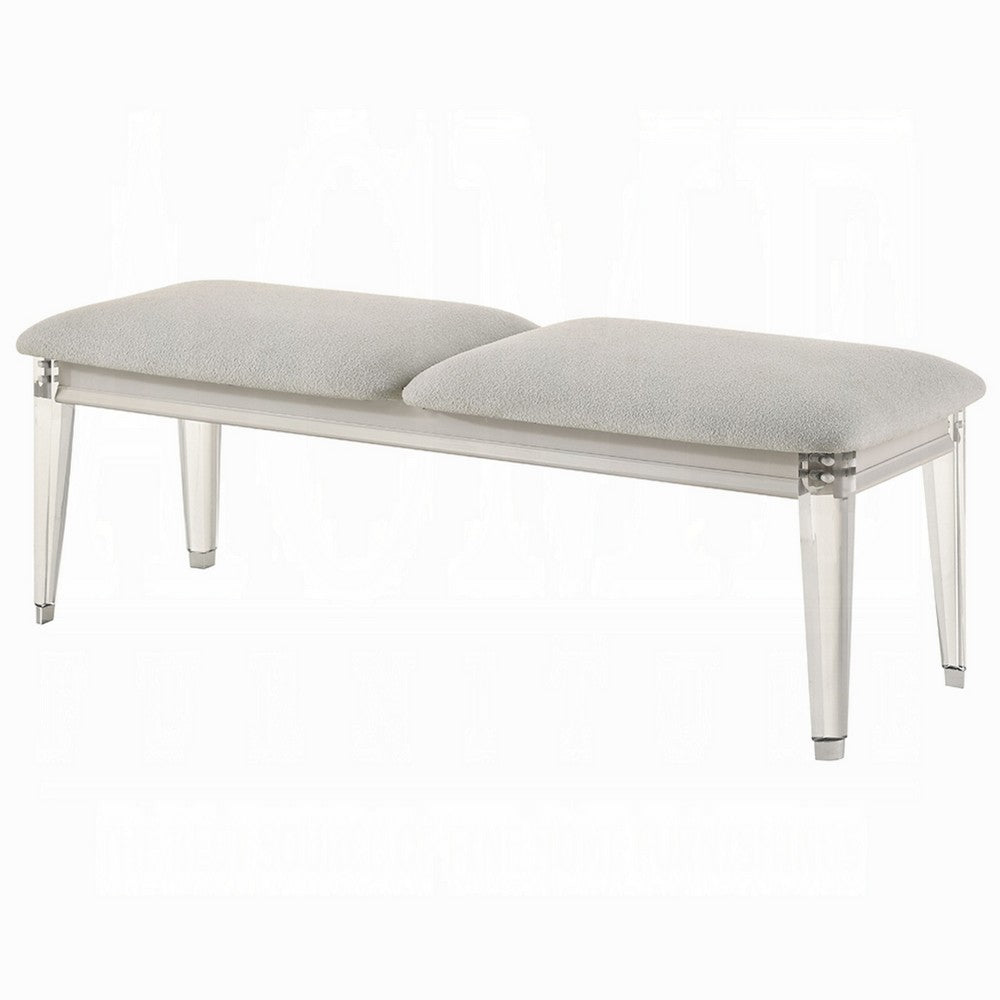 Veda Accent Bench, Light Gray Boucle, Pearl White Wood Finish, 54 Inch -BM333140