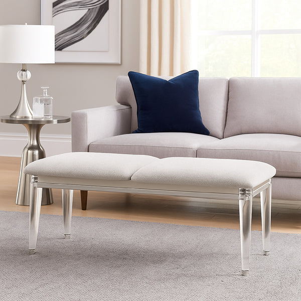 Veda Accent Bench, Light Gray Boucle, Pearl White Wood Finish, 54 Inch -BM333140