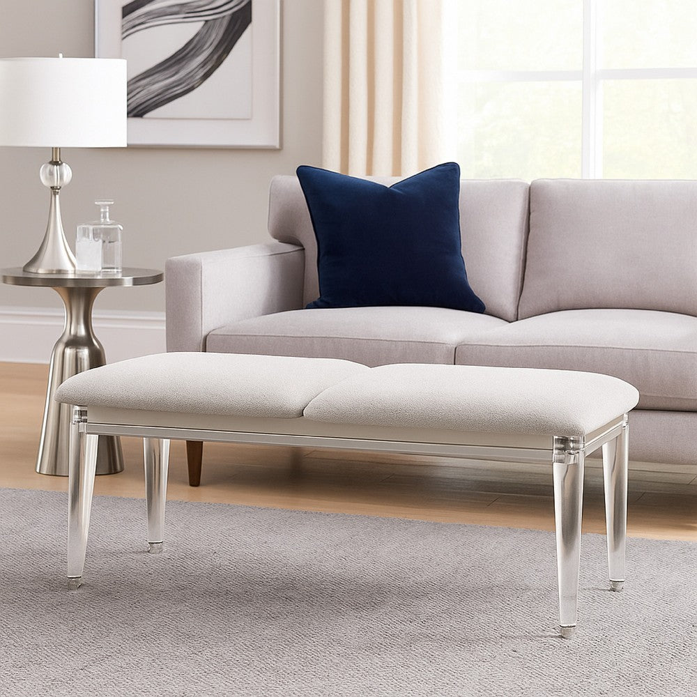 Veda Accent Bench, Light Gray Boucle, Pearl White Wood Finish, 54 Inch -BM333140