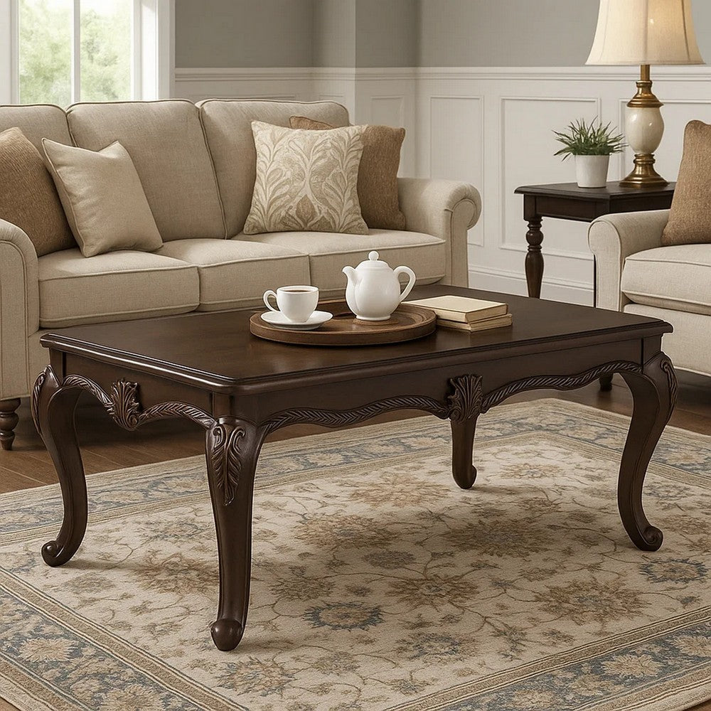 Reese Coffee Table, European Carved Classic Cherry Brown Wood, 48 Inch -BM333146
