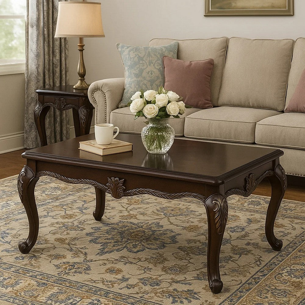 Reese Coffee Table, European Carved Classic Cherry Brown Wood, 48 Inch -BM333146