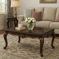 Reese Coffee Table, European Carved Classic Cherry Brown Wood, 48 Inch -BM333146