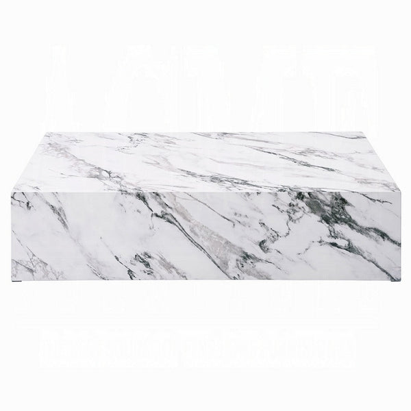 Ritzy Coffee Table, Modern Plinth, White Gray Faux Stone, 48 Inch -BM333153