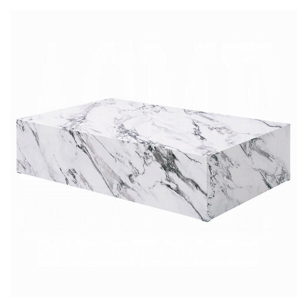 Ritzy Coffee Table, Modern Plinth, White Gray Faux Stone, 48 Inch -BM333153