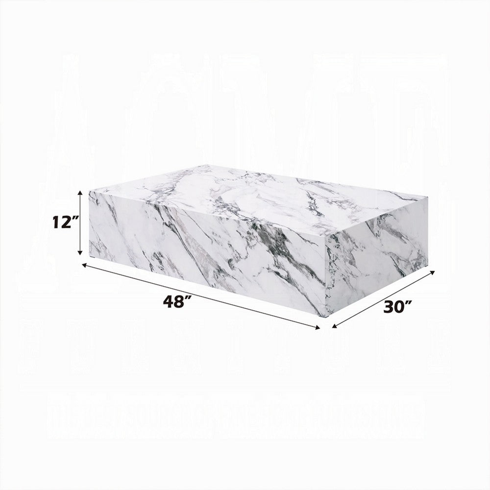 Ritzy Coffee Table, Modern Plinth, White Gray Faux Stone, 48 Inch -BM333153