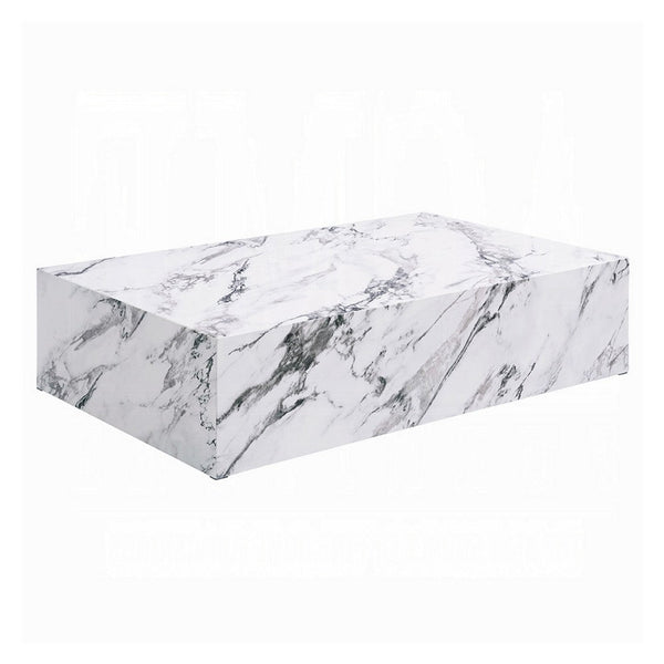 Ritzy Coffee Table, Modern Plinth, White Gray Faux Stone, 48 Inch -BM333153