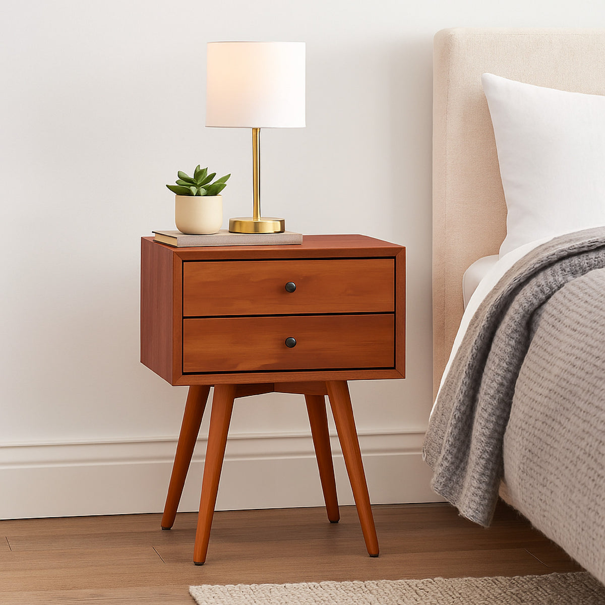 Ian Small Nightstand w 2 Drawers, Chestnut Brown Solid Mahogany Wood