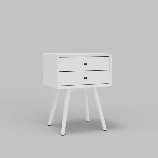 Ian Small Nightstand w 2 Drawers, Modern White Solid Mahogany Wood -BM333163