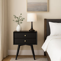 Ian Small Nightstand w 2 Drawers, Modern Black Solid Mahogany Wood -BM333164