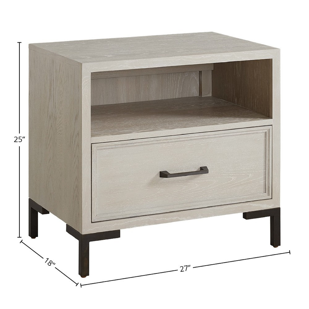 Bedy Nightstand, Drawer n Cubby, Black Metal, Antique White Oak Wood -BM333180