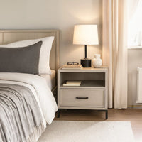 Bedy Nightstand, Drawer n Cubby, Black Metal, Antique White Oak Wood -BM333180