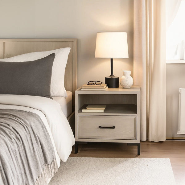 Bedy Nightstand, Drawer n Cubby, Black Metal, Antique White Oak Wood -BM333180