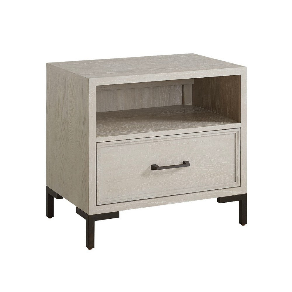 Bedy Nightstand, Drawer n Cubby, Black Metal, Antique White Oak Wood -BM333180