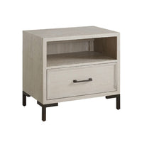 Bedy Nightstand, Drawer n Cubby, Black Metal, Antique White Oak Wood -BM333180