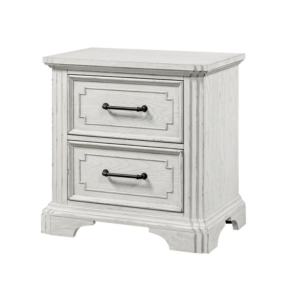 Lesy Nightstand, 2 Drawers, Black Metal, Vintage White Poplar Wood -BM333186