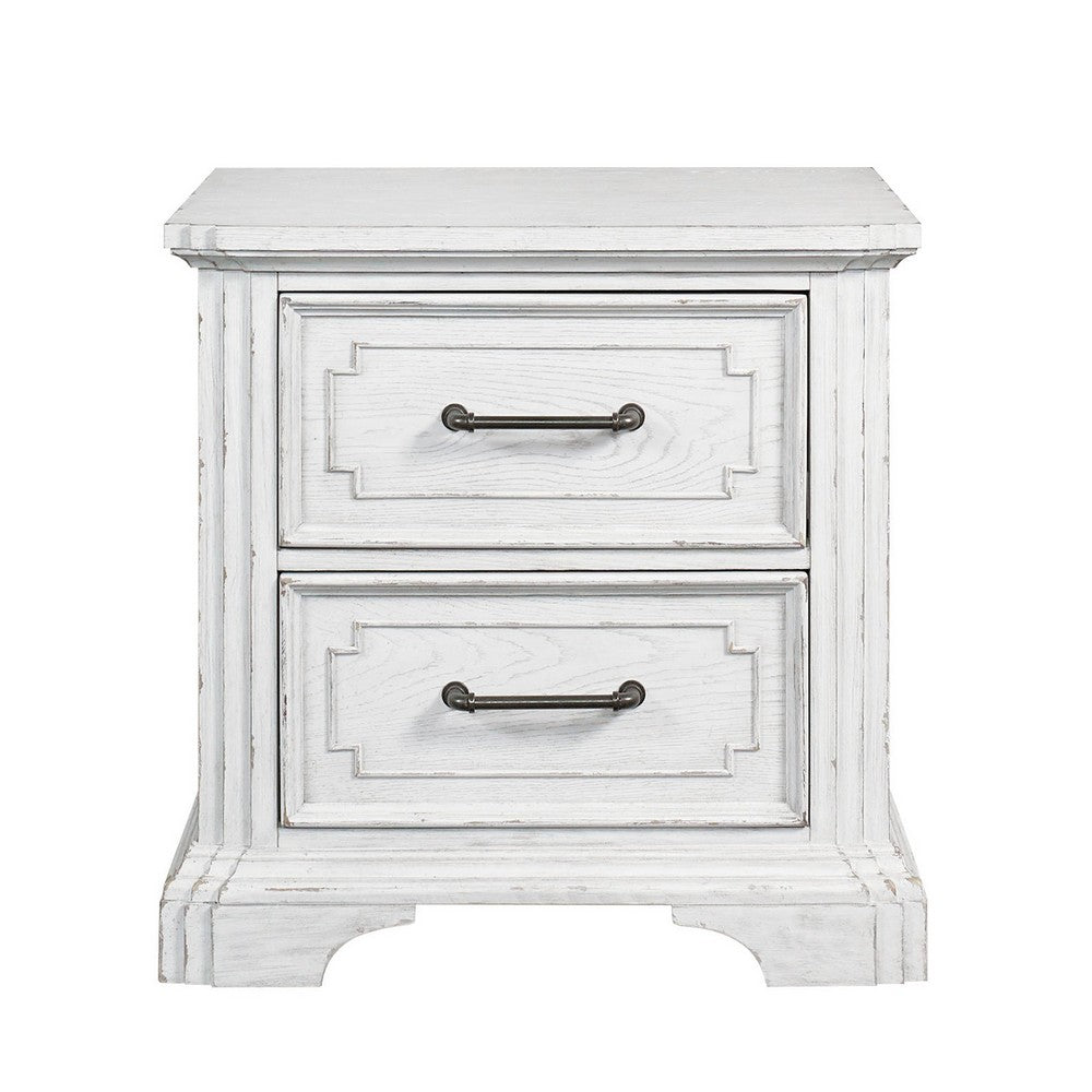 Lesy Nightstand, 2 Drawers, Black Metal, Vintage White Poplar Wood -BM333186