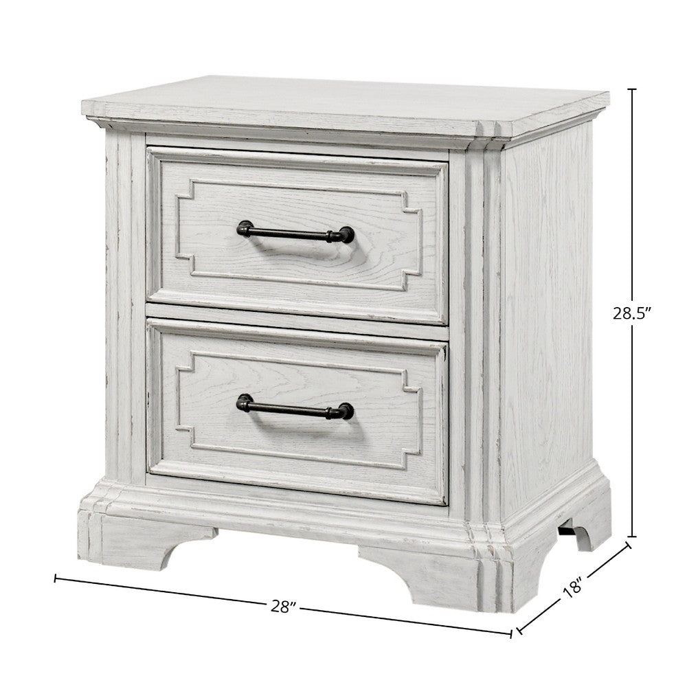 Lesy Nightstand, 2 Drawers, Black Metal, Vintage White Poplar Wood -BM333186
