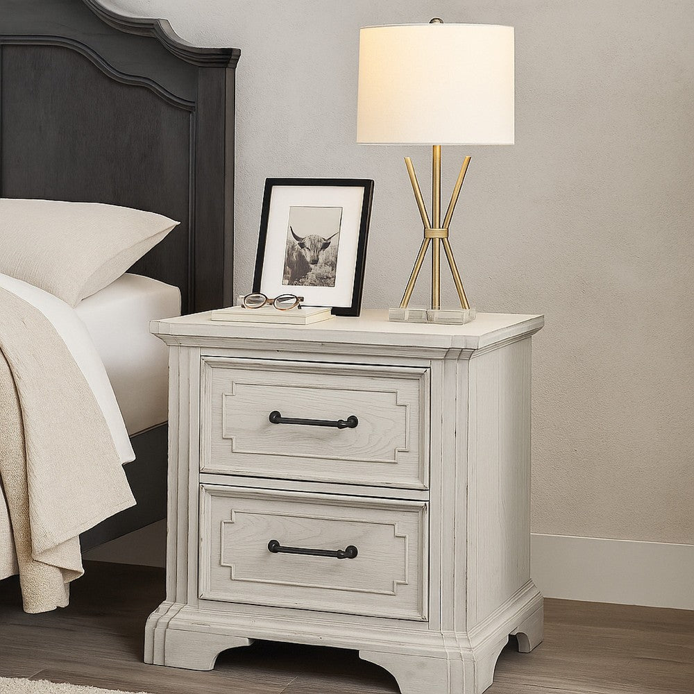 Lesy Nightstand, 2 Drawers, Black Metal, Vintage White Poplar Wood -BM333186