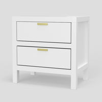 Fery Nightstand, 2 Drawers, Gold Metal Handles, White Solid Pine Wood -BM333191