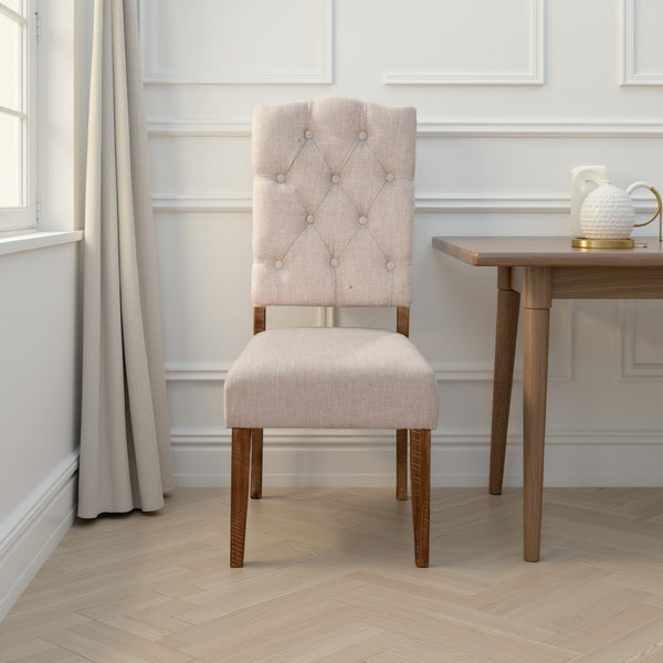 Bela Dining Chair Set of 2, Tufted Beige Back, Brown Acacia Wood -BM333216