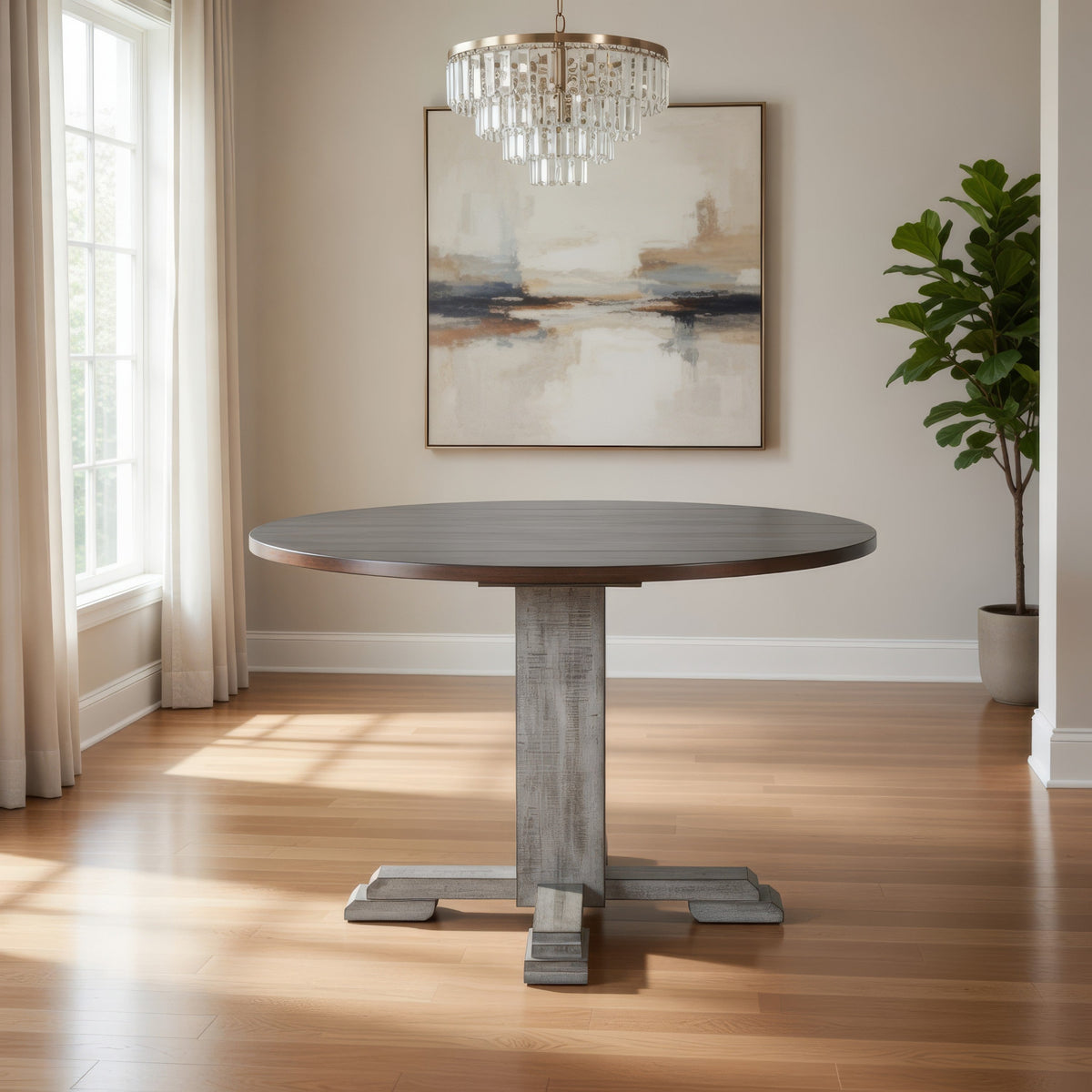 Camie Dining Table, 40 Inch Brown Round Top w Drop Leafs, Rustic Gray-BM333339