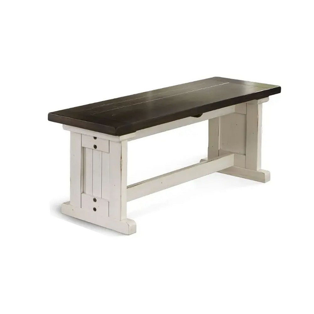 Orso Side Dining Bench, Plank Seat, Off White and Brown Wood 48 Inch -BM333351