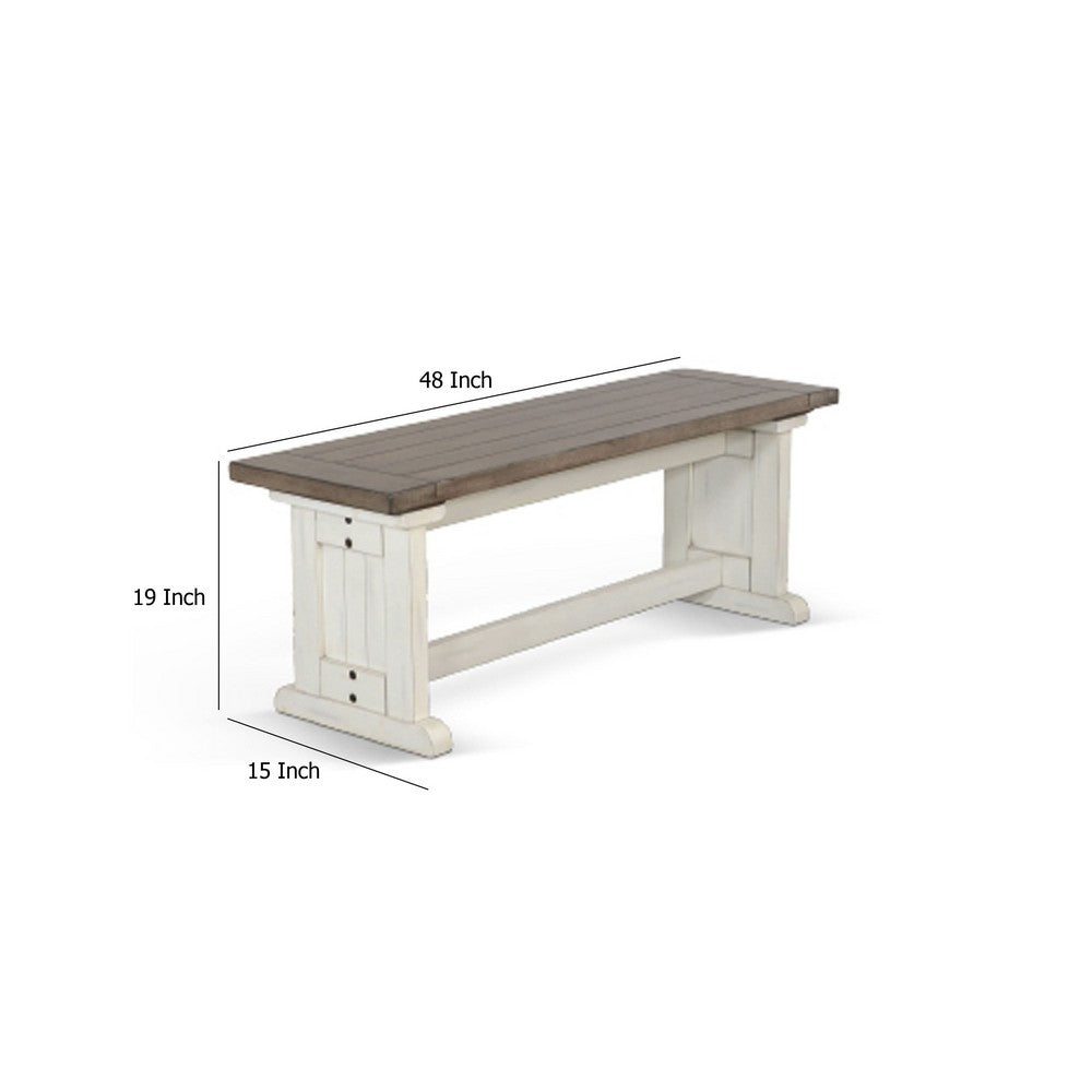 Dean Side Dining Bench, Plank Style Seat, Off White and Brown 48 Inch -BM333353