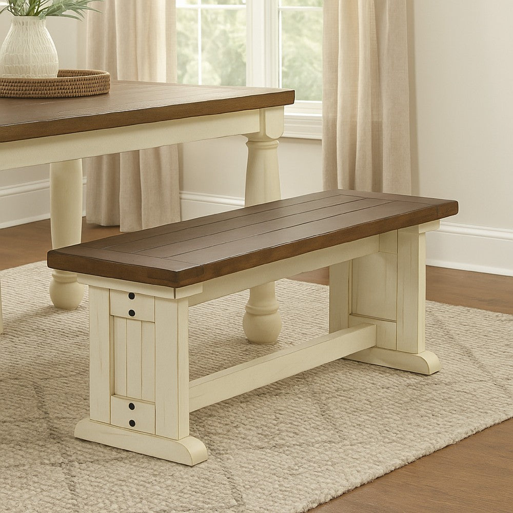 Dean Side Dining Bench, Plank Style Seat, Off White and Brown 48 Inch -BM333353