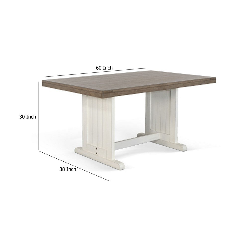 Dean Dining Table, 60 Inch Rectangular Plank Top, Off White and Brown -BM333354