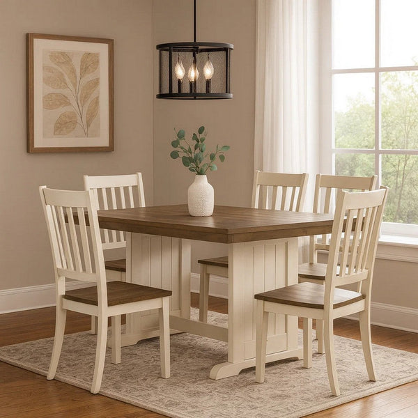 Dean Dining Table, 60 Inch Rectangular Plank Top, Off White and Brown -BM333354