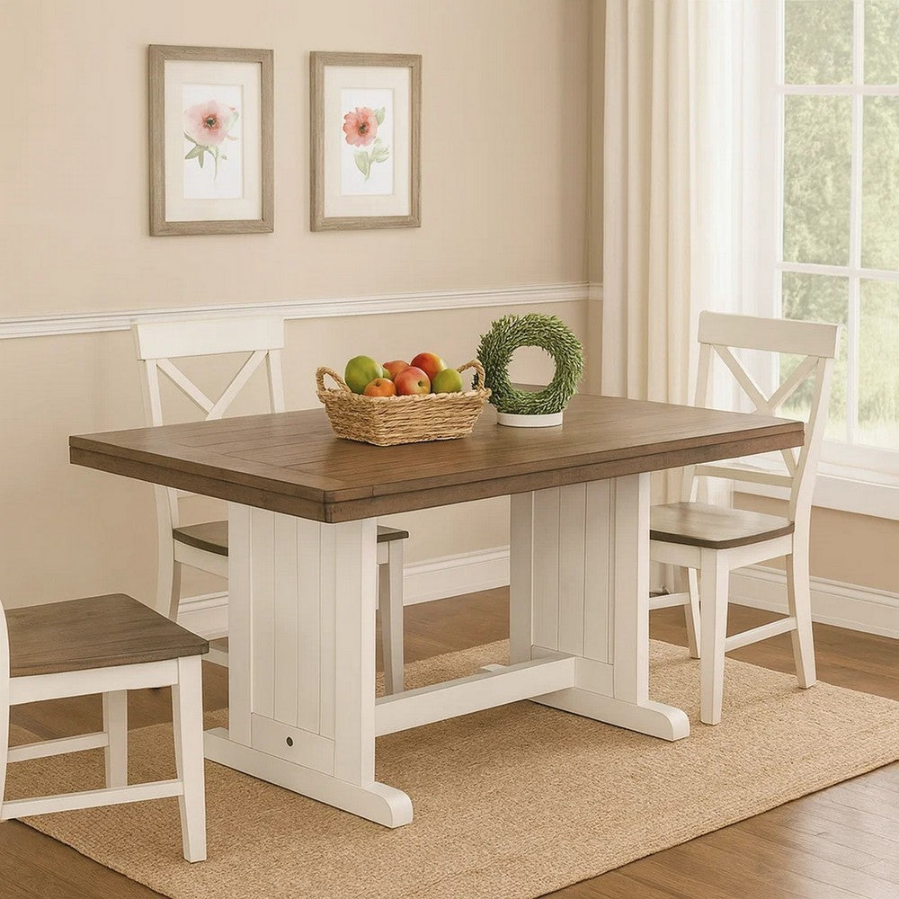 Dean Dining Table, 60 Inch Rectangular Plank Top, Off White and Brown -BM333354