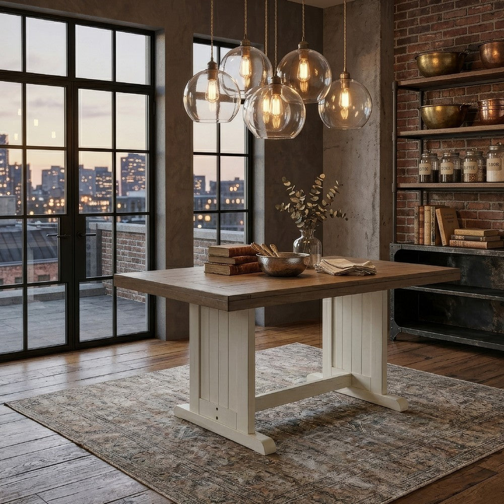 Dean Dining Table, 60 Inch Rectangular Plank Top, Off White and Brown -BM333354