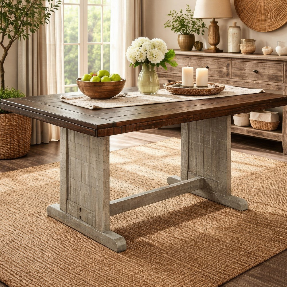 Camie Dining Table, 60 Inch Rectangular Plank Top, Dark Brown n Gray -BM333358