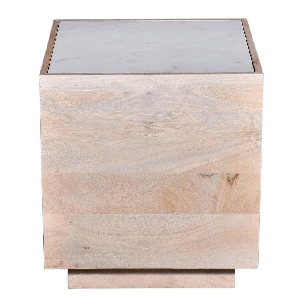 Oaz Side End Table, 20 Inch Square Marble Top, Mango Wood, Oak White -BM333389
