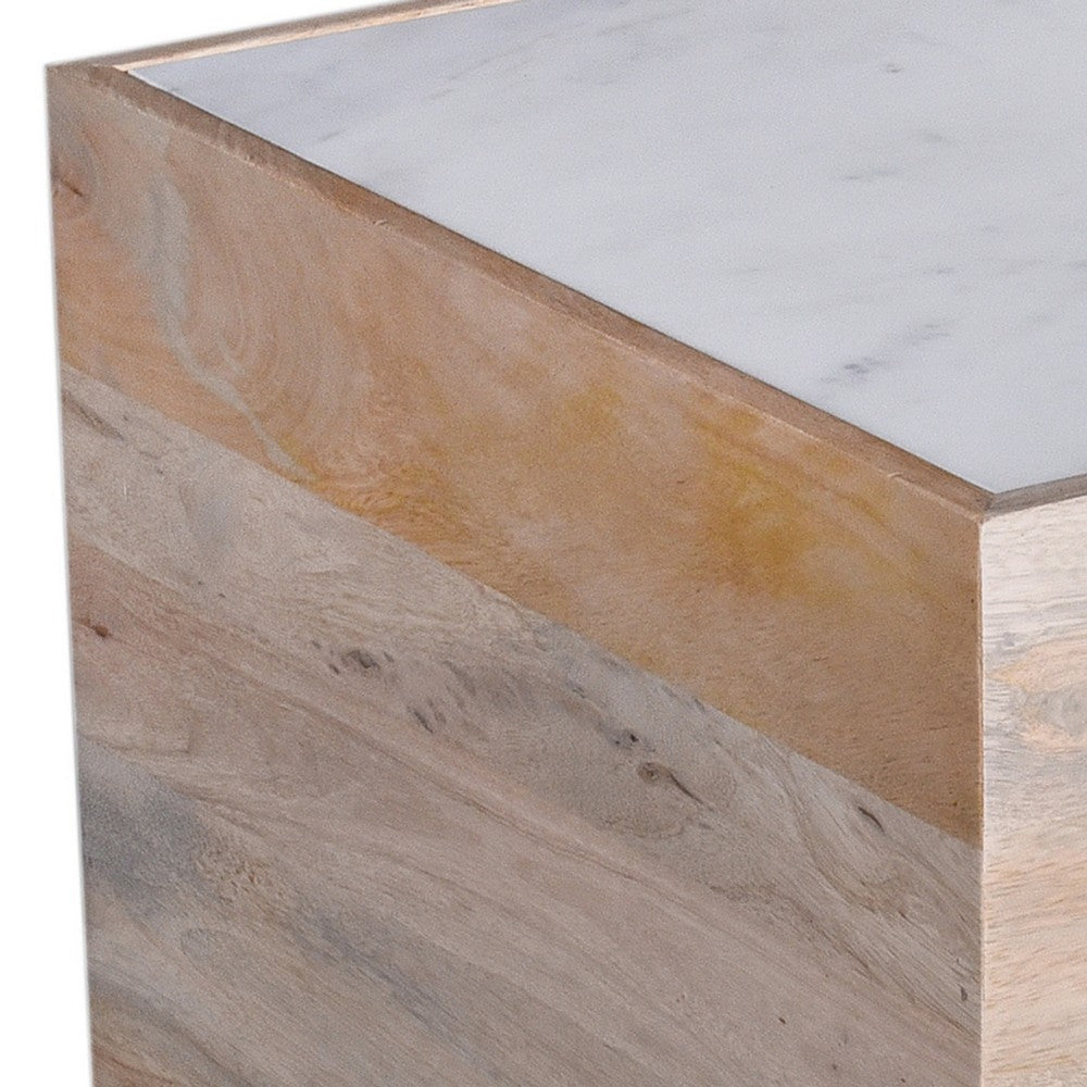 Oaz Side End Table, 20 Inch Square Marble Top, Mango Wood, Oak White -BM333389